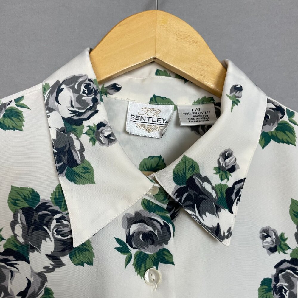 Vintage Blouse Floral Roses Women Short Sleeves Size‎ Large Cream Gray Button-Up